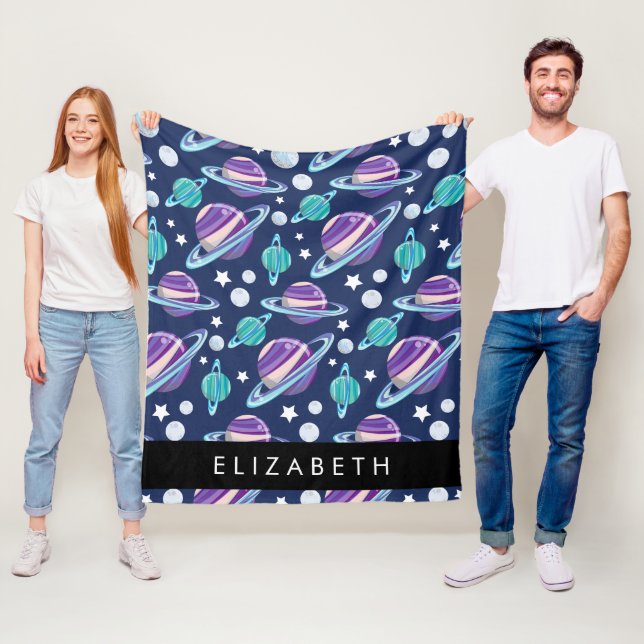 Space Mönster, Planets, Stars, Galaxy, Ditt namn Fleecefilt (På plats)