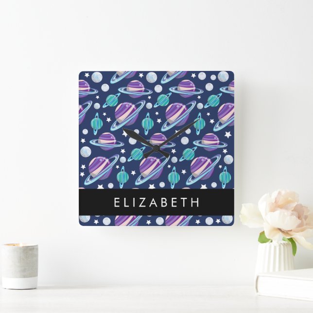 Space Mönster, Planets, Stars, Galaxy, Ditt namn Fyrkantig Klocka (Hem)