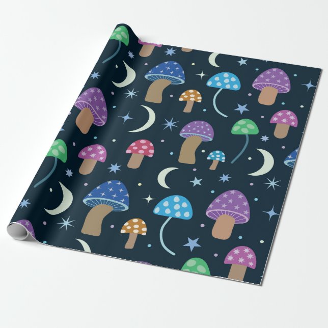 Space Mushroom med Måne och Stars Presentpapper (Utrullad)