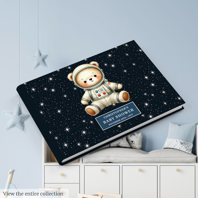 Space Nalle Pojke Shower Guest Journal Gästböcker (Space Teddy Bear Baby Boy Shower Guest Journal)