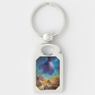 Space Nebula blue gult Alcohol bläck art Rektangulärt Silverfärgad Nyckelring