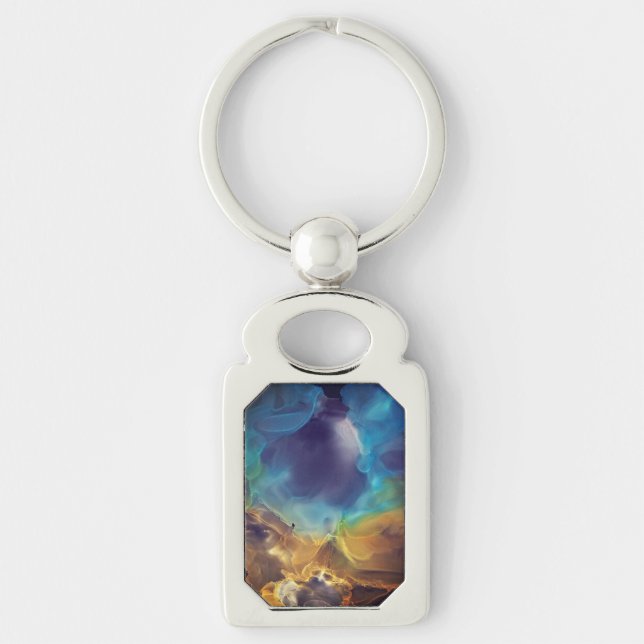 Space Nebula blue gult Alcohol bläck art Rektangulärt Silverfärgad Nyckelring (Framsidan)