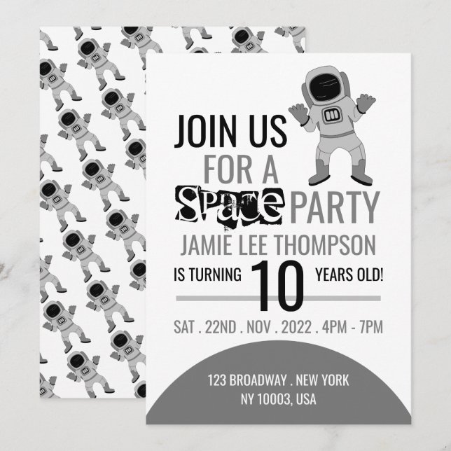 Space Party Astronaut, födelsedag Inbjudningar (Fram/baksida)