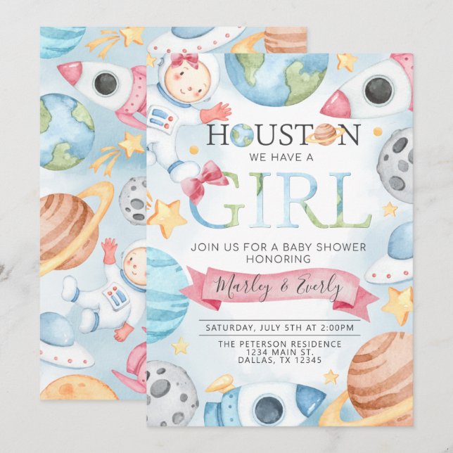 Space Planets Rosa Girl Baby Shower-inbjudan Inbjudningar (Fram/baksida)