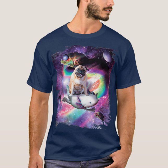 Space Pug Dog Riding Axolotl  Rainbow T Shirt (Framsida)