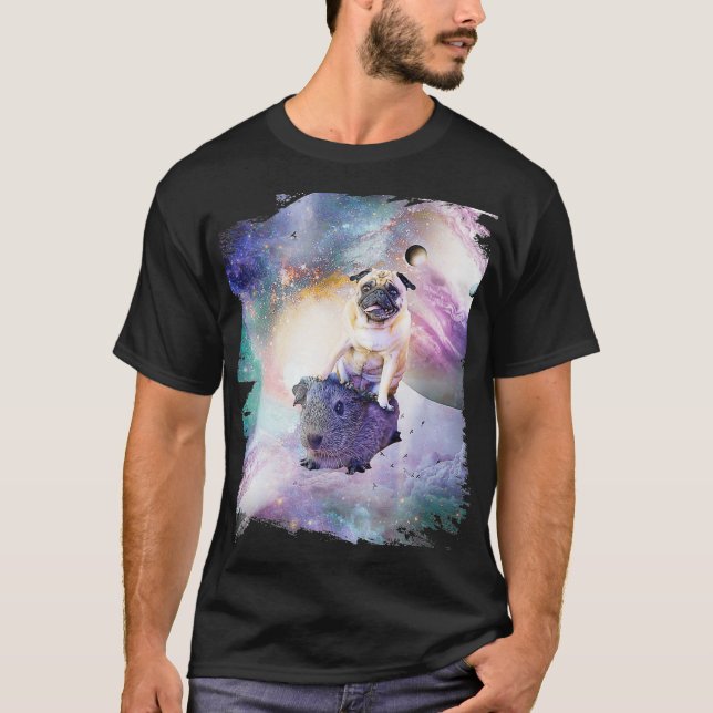 Space Pug Riding Guinea Gris Premium T Shirt (Framsida)