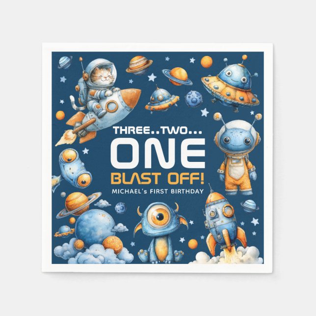 Space Rocket Astronaut Cat Blast Off 1st Birthday Pappersservett (Framsidan)