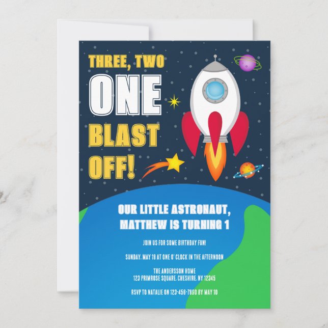 Space Rocket Frakt 1:a födelsedagsinbjudan Inbjudningar (Framsida)