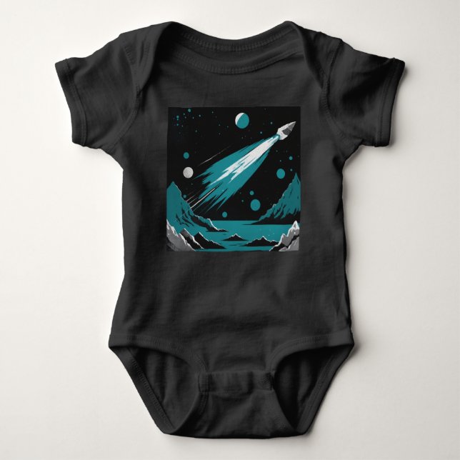 Space Rocket – Grey & Blue Baby Bodysuit T Shirt (Framsida)