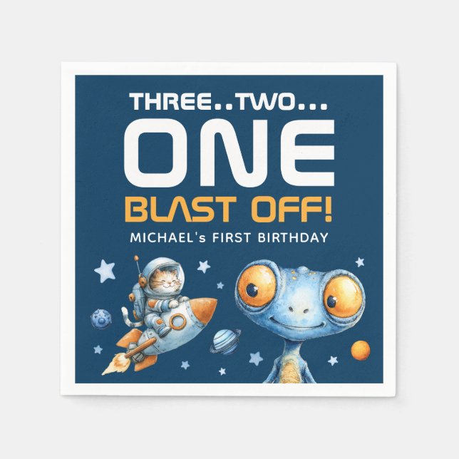 Space Rocket Launch Blast Off Cute 1st Birthday Pappersservett (Framsidan)