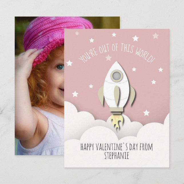 Space Rocket Rosa Classroom Valentine Photo Vykort (Fram/baksida)