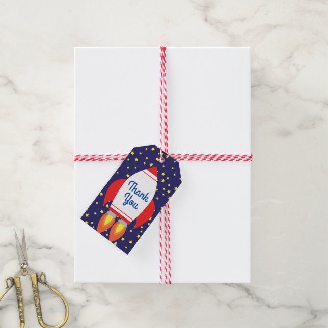 Space Rocket Star-Frakt 1:a födelsedagen Party Presentetikett (Med Snöre)