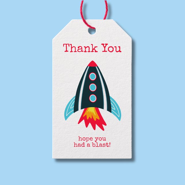 Space Rocket Tack Birthday Presentetikett (Space themed rocket ship thank you gift/favor tags for boys birthday party.)