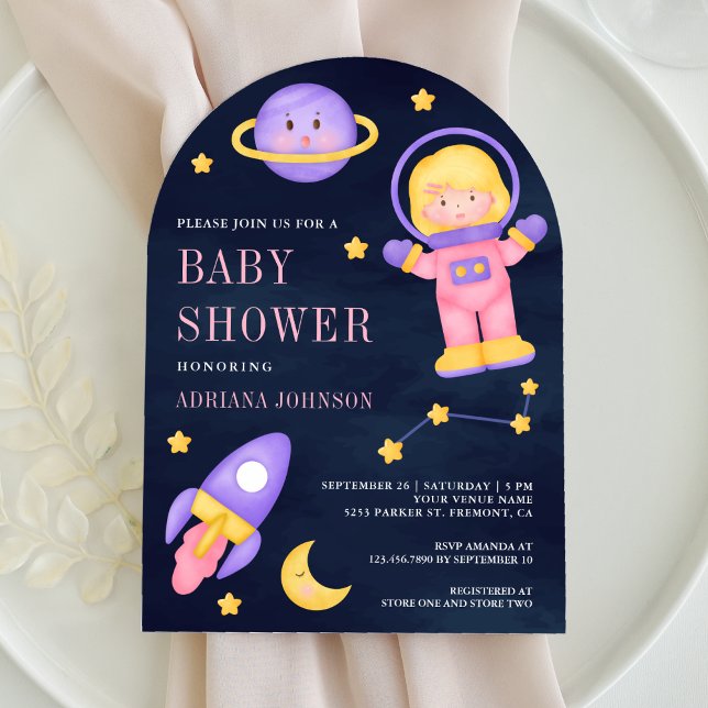 Space Rosa Girl Astronaut Navy Arch Baby Shower Inbjudningar (Skapare uppladdad)