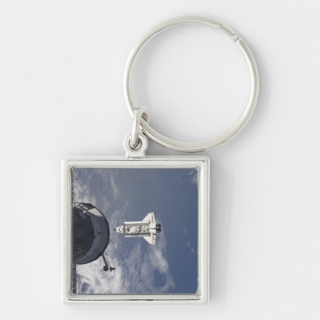 Space Shuttle Atlantis och en rysk rymdfarkost Fyrkantig Silverfärgad Nyckelring (Framsidan)