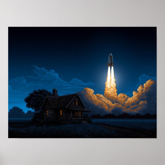 Space Shuttle Rocket Launch At Night Behind Farmho Poster (Framsidan)