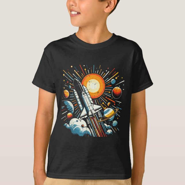 Space Shuttle Sun Planets Rocket Galaxy Boys Kids  T Shirt (Framsida)