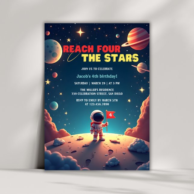 Space Stars Astronaut Boy 4e födelsedagen Inbjudningar (Reach Four The Stars Astronaut Boy 4th Birthday Invitation)
