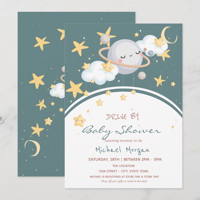 Space Stars Moln Planet Drive By Baby Shower   Inbjudningar (Fram/baksida)