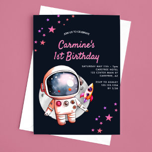Space Stars Rocket Frakt Girls 1:a födelsedag Inbjudningar