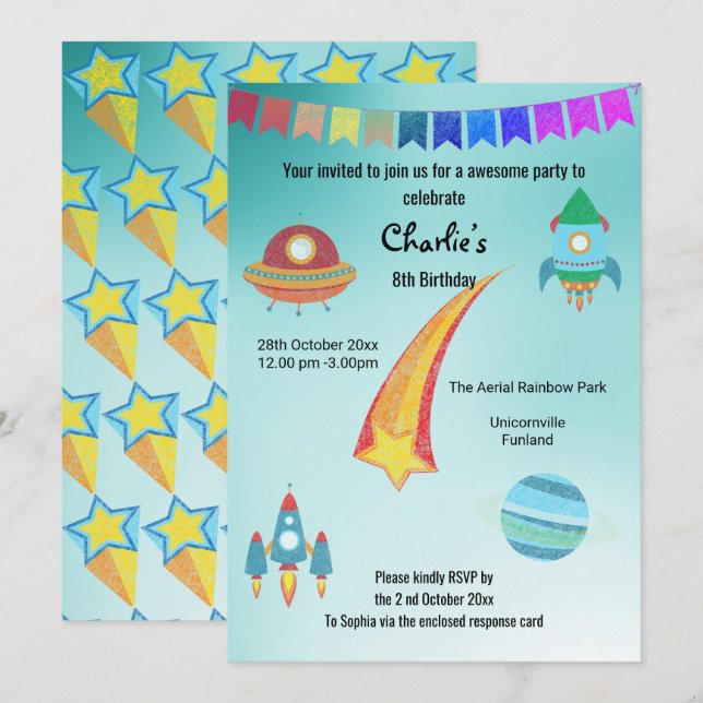 Space Tema Aqua Star Birthday Inbjudningar (Fram/baksida)