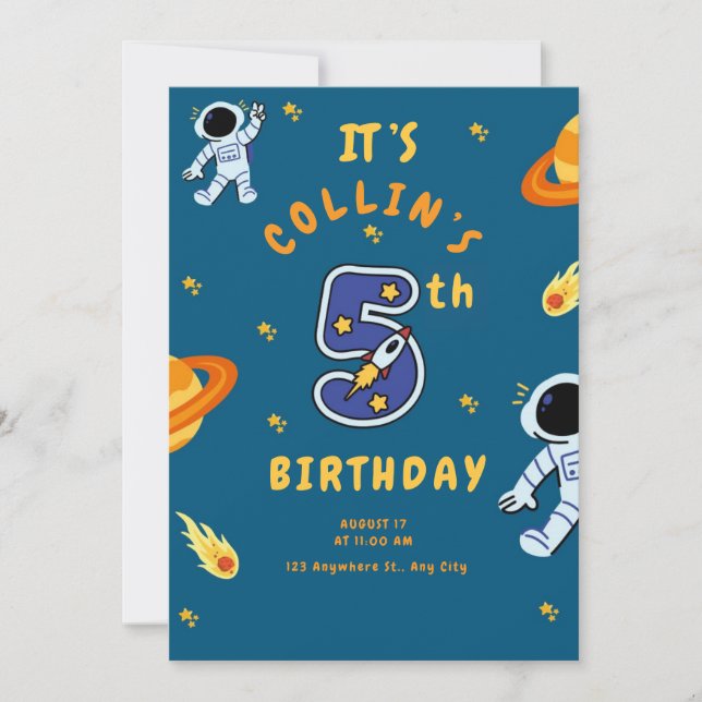 Space Theme 5th Birthday Invitation for Boys Inbjudningar (Framsida)