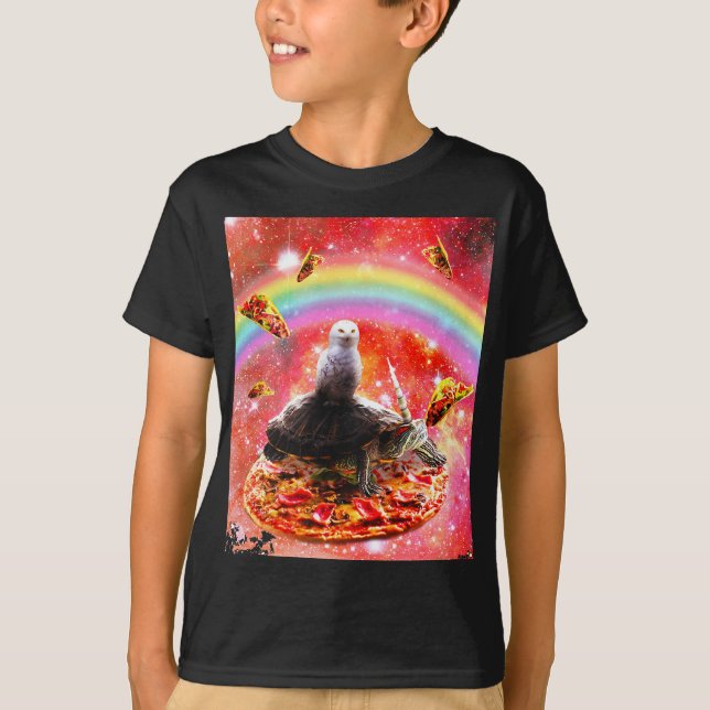 Space Uggla Riding Turtle Unicorn - Pizza & Taco T Shirt (Framsida)