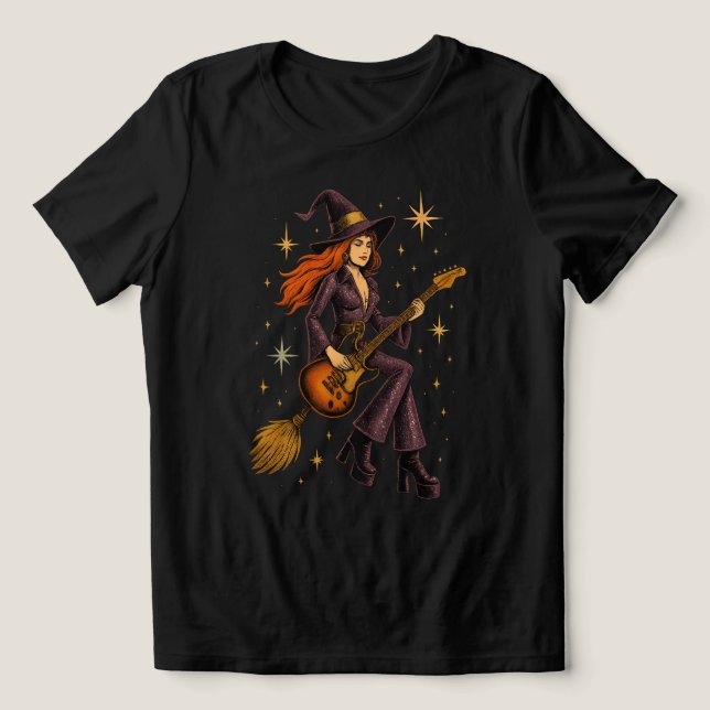 Space Witch Rocker på Broom T Shirt (Design Framsida)