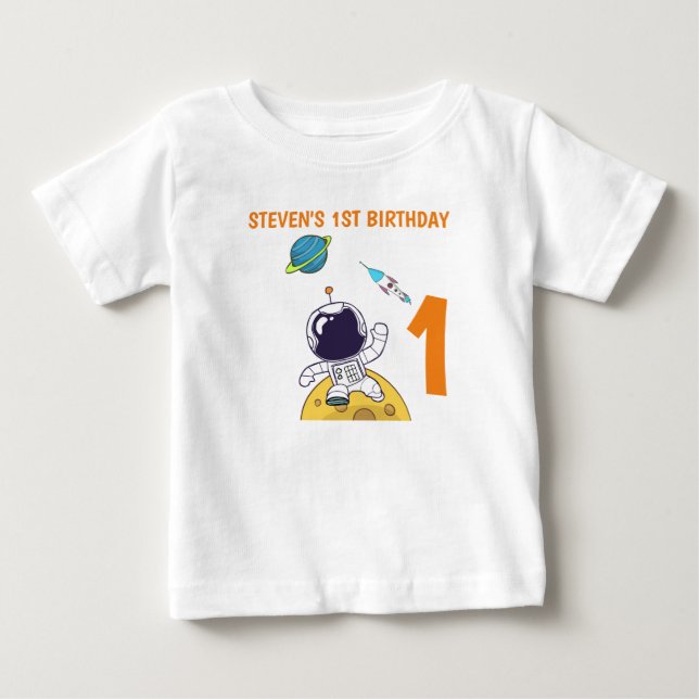 Spaceman Explorerar Rymden 1:a födelsedagen T Shirt (Framsida)