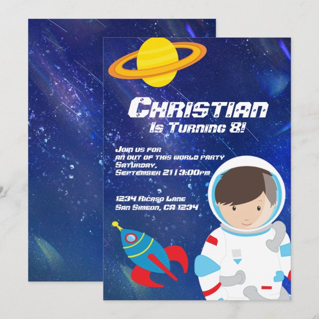 Spaceman Rymden Star Filled Himlar Birthday Inbjudningar (Fram/baksida)