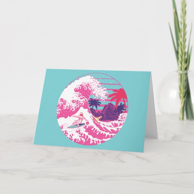 Spaceman som surfar på den Underbarare rosa vågen Kort (Framsida)