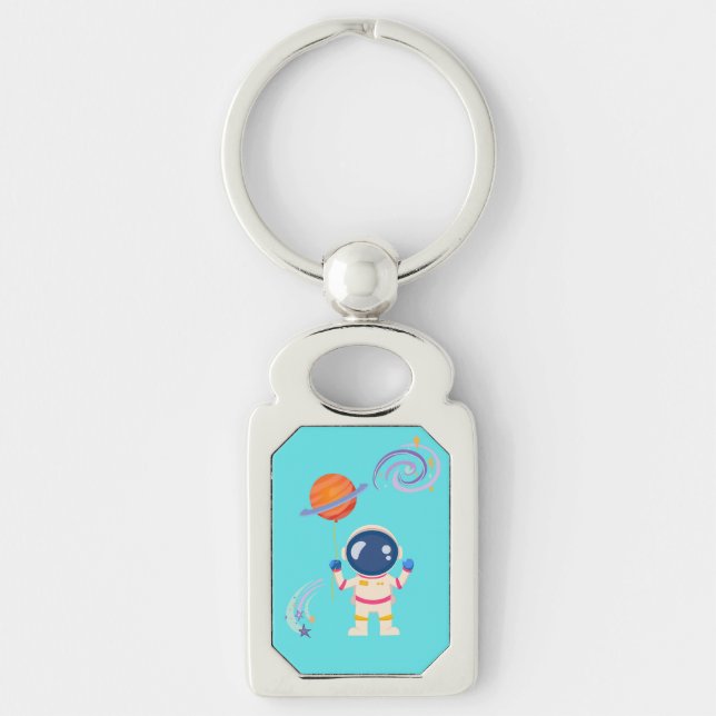 Spaceman tecknad äventyr. rektangulärt silverfärgad nyckelring (Framsidan)
