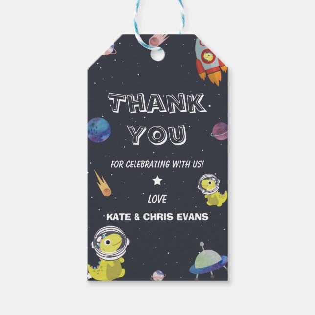 Spaceship Dinosaur Star Planet Galaxy Baby Shower Presentetikett (Framsidan)