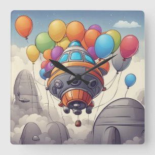 Spaceships med ballonger fyrkantig klocka