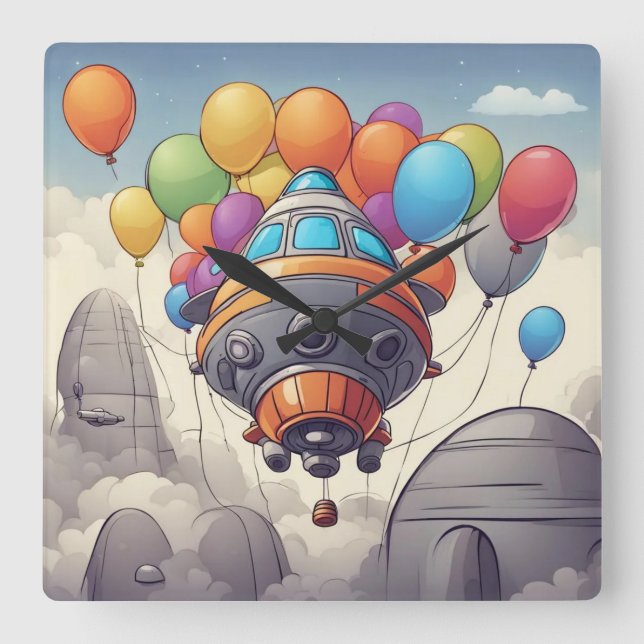 Spaceships med ballonger fyrkantig klocka (Framsida)