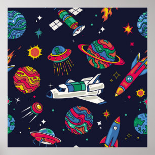 Spacesship in Galaxy seamless mönster. Bakgrund w Poster