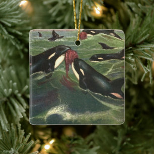 Späckhuggare och Orca, Antikvariska Havsdäggdjur Julgransprydnad Keramik