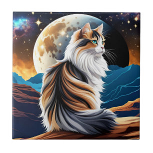 Späd Calico Cat och Desert Måne Kakelplatta