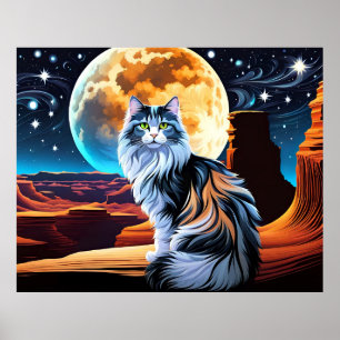 Späd Calico Cat och Desert Måne Poster