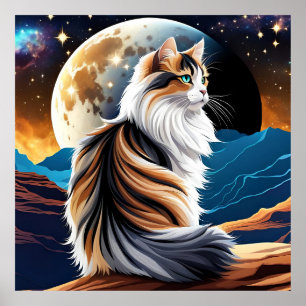 Späd Calico Cat och Desert Måne Poster