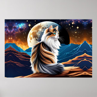 Späd Calico Cat och Desert Måne Poster