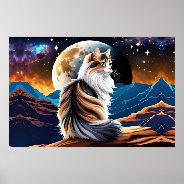 Späd Calico Cat och Desert Måne Poster (Framsidan)