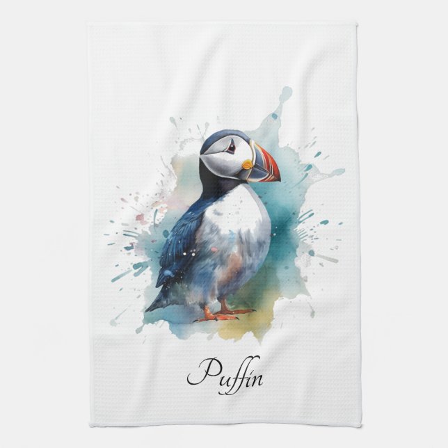 Späd puffin i blå vattenfärg kökshandduk (Vertikal)