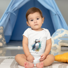 Späd puffin i blå vattenfärg t shirt