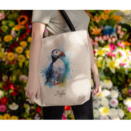 Späd puffin i blå vattenfärg tygkasse