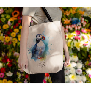 Späd puffin i blå vattenfärg tygkasse