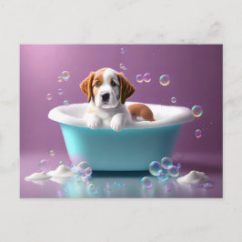 Späd valp i badkar med tvålbubblor vykort