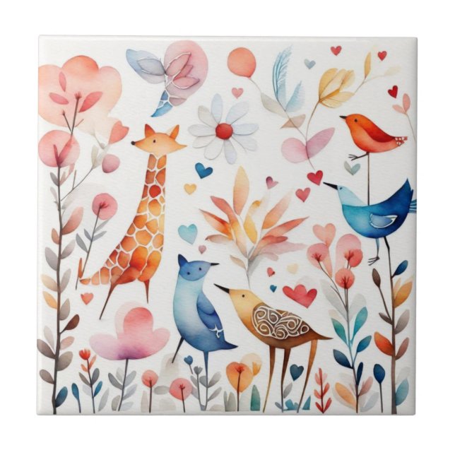 Späda djur i trädgården kakelplatta (Framsidan)