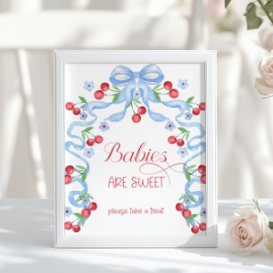 Spädbarn är söt Cherry Blue Bow Baby-dusch Poster