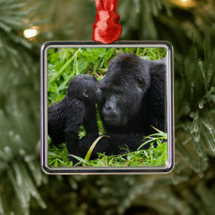 Spädbarn bergsgorilla kysser silverbackgorilla julgransprydnad metall